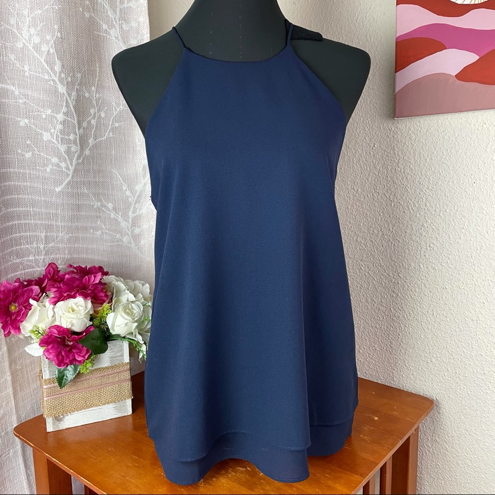 Paper Crane Navy Halter Layered Tank Top